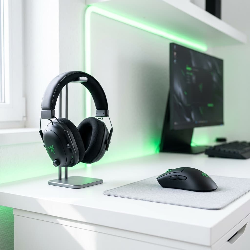 Gaming headset and mouse beside a monitor with lime-green lighting